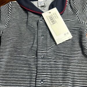 Petit Bateau Navy and White Striped Footie with Red Accents